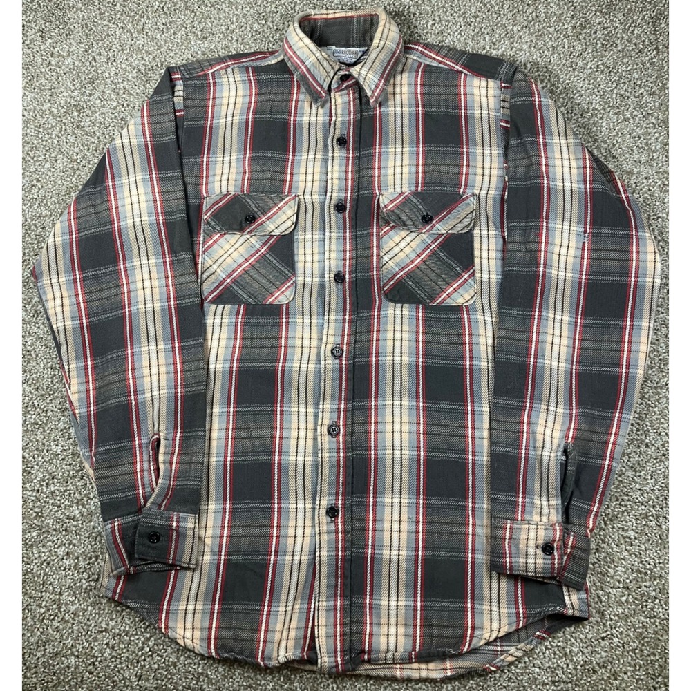 Vintage Five Brother Plaid Flannel Shirt Mens Medium Tallman USA Made Grey Red